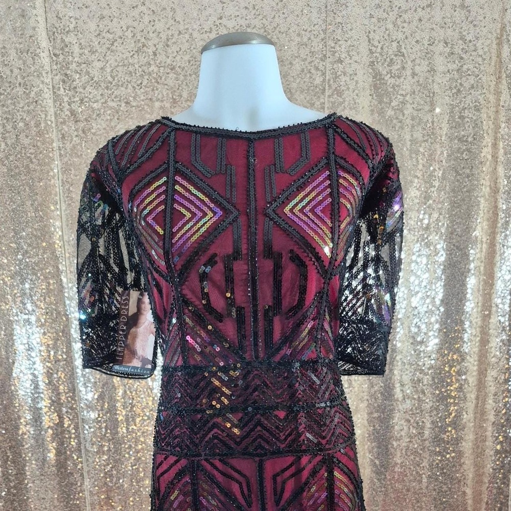 Burgundy Red Black Sequin Art Deco Flapper Dress Plus/Size 3XL
